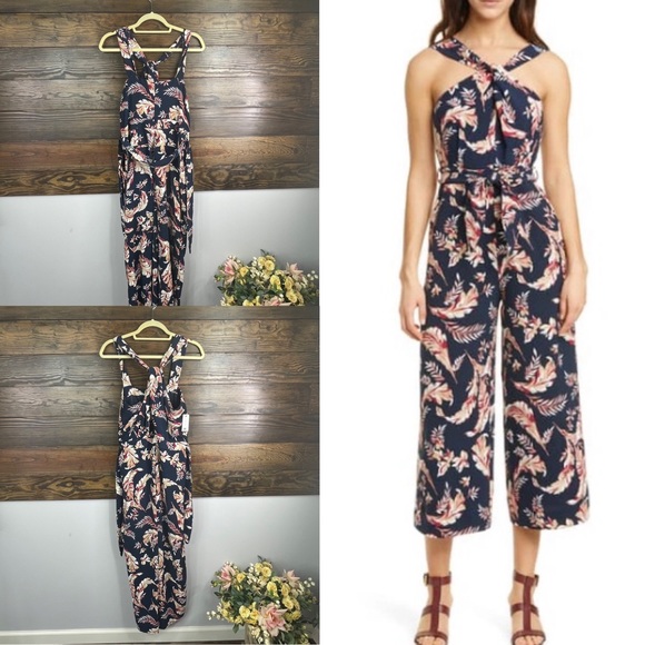 JOIE TRENITY COTTON PRINTED SLEEVELESS CROPPED WIDE-LEG JUMPSUIT IN DEEP SEA - Picture 1 of 6